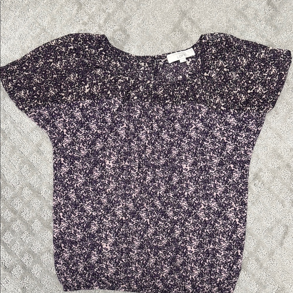 LOFT Purple Smocked Blouse with Puff Sleeves and Flutter Sleeves